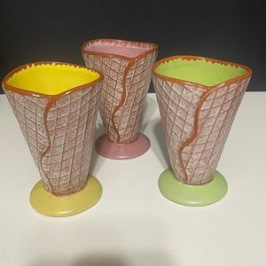 Three 6” Tall Ceramic Hallmark Icecream Waffle Cone Cups Yellow Pink Green (T30)